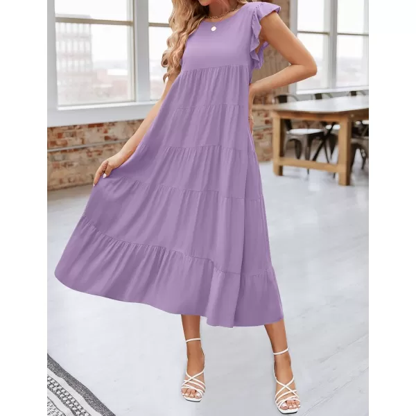 imageZESICA Womens 2024 Summer Ruffle Cap Sleeve Crewneck Casual Loose Flowy Pleated Tiered Midi Dresses with PocketsPurple