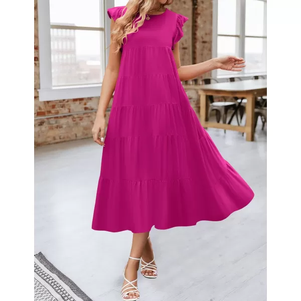 imageZESICA Womens 2024 Summer Ruffle Cap Sleeve Crewneck Casual Loose Flowy Pleated Tiered Midi Dresses with PocketsRose