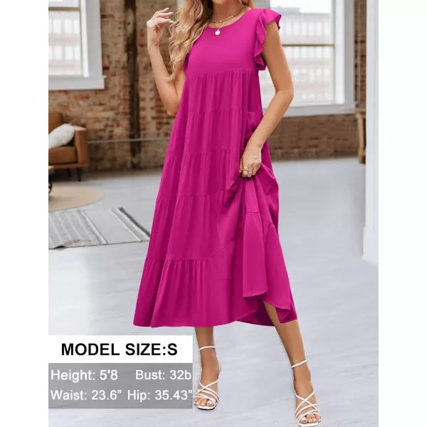 imageZESICA Womens 2024 Summer Ruffle Cap Sleeve Crewneck Casual Loose Flowy Pleated Tiered Midi Dresses with PocketsRose