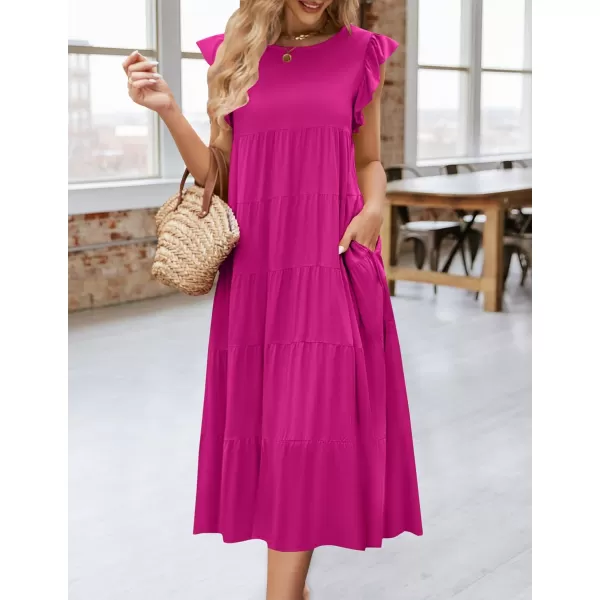 imageZESICA Womens 2024 Summer Ruffle Cap Sleeve Crewneck Casual Loose Flowy Pleated Tiered Midi Dresses with PocketsRose