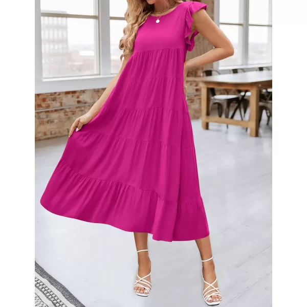 imageZESICA Womens 2024 Summer Ruffle Cap Sleeve Crewneck Casual Loose Flowy Pleated Tiered Midi Dresses with PocketsRose