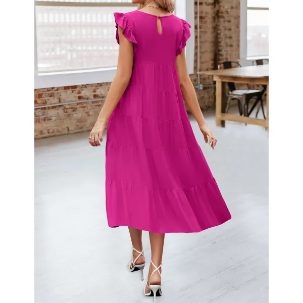 imageZESICA Womens 2024 Summer Ruffle Cap Sleeve Crewneck Casual Loose Flowy Pleated Tiered Midi Dresses with PocketsRose
