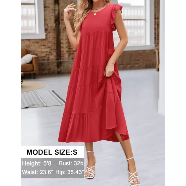 imageZESICA Womens 2024 Summer Ruffle Cap Sleeve Crewneck Casual Loose Flowy Pleated Tiered Midi Dresses with PocketsWatermelon