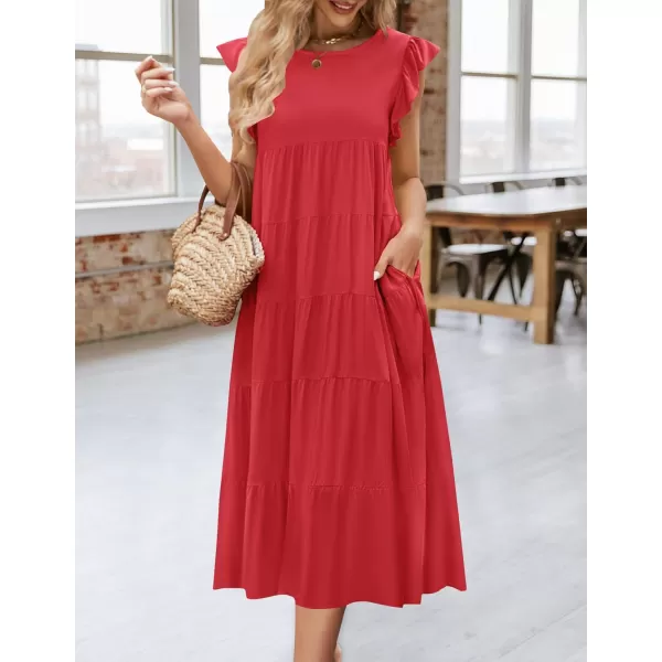 imageZESICA Womens 2024 Summer Ruffle Cap Sleeve Crewneck Casual Loose Flowy Pleated Tiered Midi Dresses with PocketsWatermelon