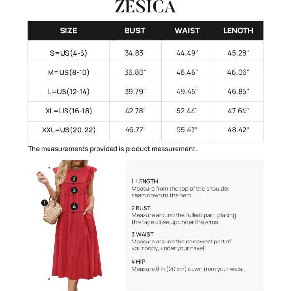 imageZESICA Womens 2024 Summer Ruffle Cap Sleeve Crewneck Casual Loose Flowy Pleated Tiered Midi Dresses with PocketsWatermelon