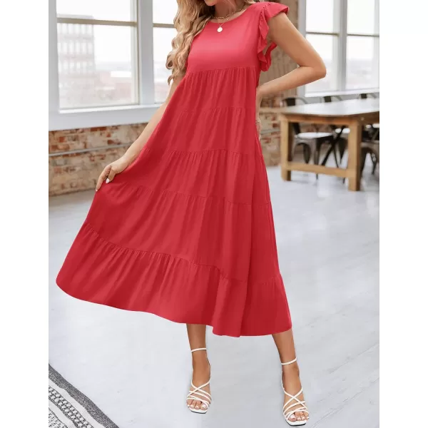imageZESICA Womens 2024 Summer Ruffle Cap Sleeve Crewneck Casual Loose Flowy Pleated Tiered Midi Dresses with PocketsWatermelon