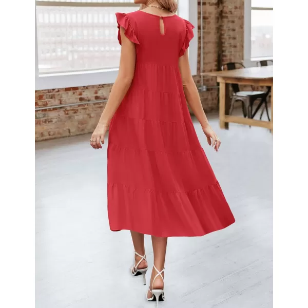 imageZESICA Womens 2024 Summer Ruffle Cap Sleeve Crewneck Casual Loose Flowy Pleated Tiered Midi Dresses with PocketsWatermelon