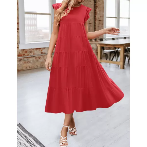 imageZESICA Womens 2024 Summer Ruffle Cap Sleeve Crewneck Casual Loose Flowy Pleated Tiered Midi Dresses with PocketsWatermelon