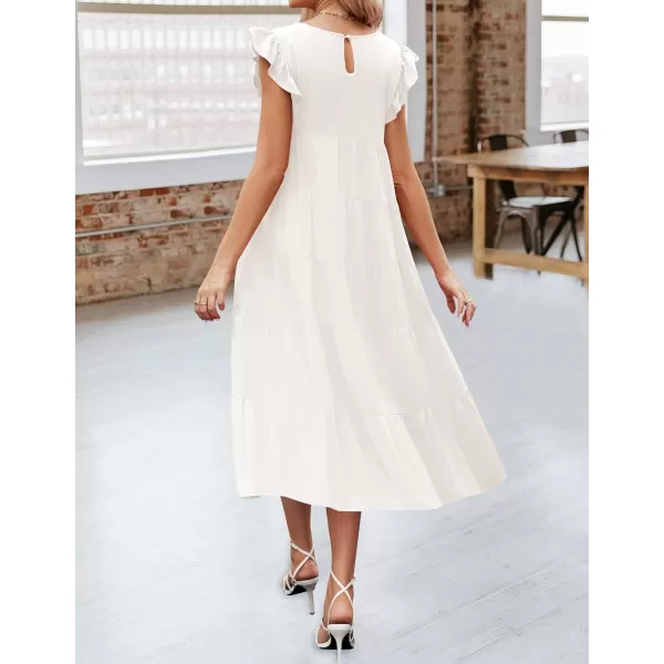 imageZESICA Womens 2024 Summer Ruffle Cap Sleeve Crewneck Casual Loose Flowy Pleated Tiered Midi Dresses with PocketsWhite