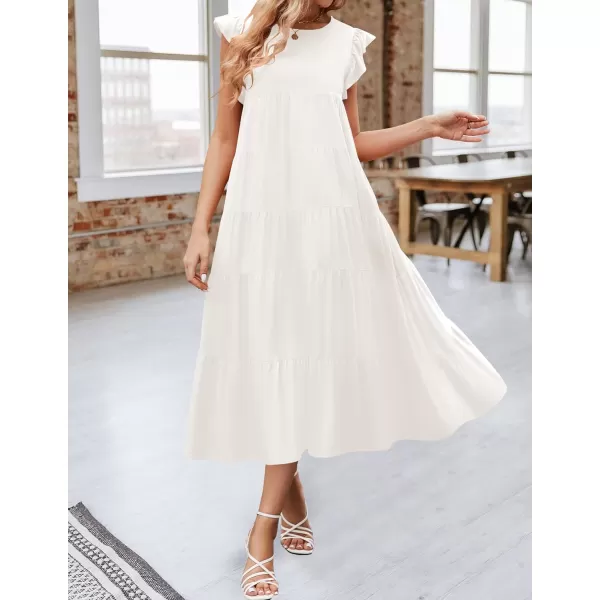 imageZESICA Womens 2024 Summer Ruffle Cap Sleeve Crewneck Casual Loose Flowy Pleated Tiered Midi Dresses with PocketsWhite