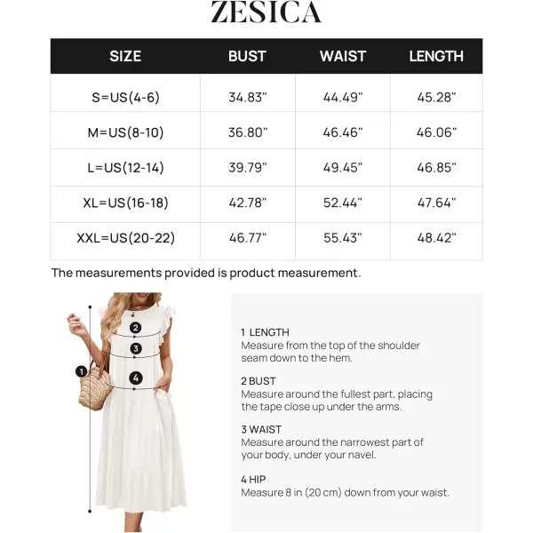 imageZESICA Womens 2024 Summer Ruffle Cap Sleeve Crewneck Casual Loose Flowy Pleated Tiered Midi Dresses with PocketsWhite