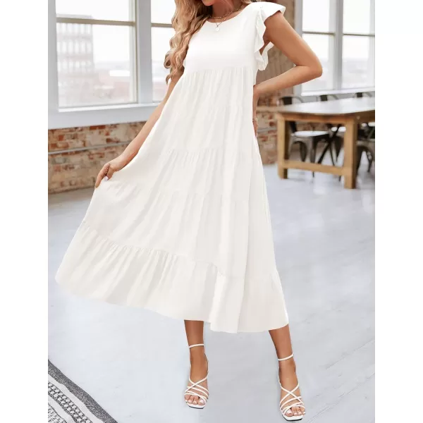 imageZESICA Womens 2024 Summer Ruffle Cap Sleeve Crewneck Casual Loose Flowy Pleated Tiered Midi Dresses with PocketsWhite