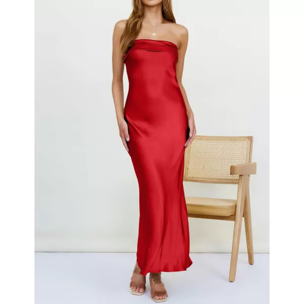 imageZESICA Womens 2024 Summer Satin Strapless Dress Sexy Backless Bodycon Wedding Cocktail Party Maxi DressesRed
