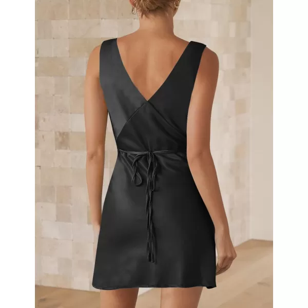 imageZESICA Womens 2024 Summer Satin V Neck Sleeveless Backless Tie Waist Silky Cocktail Club Party Mini DressDarkblack