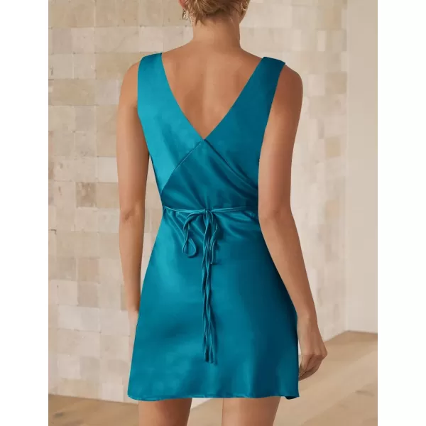 imageZESICA Womens 2024 Summer Satin V Neck Sleeveless Backless Tie Waist Silky Cocktail Club Party Mini DressDarkblue