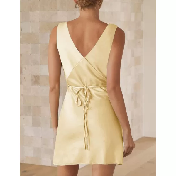 imageZESICA Womens 2024 Summer Satin V Neck Sleeveless Backless Tie Waist Silky Cocktail Club Party Mini DressLightyellow