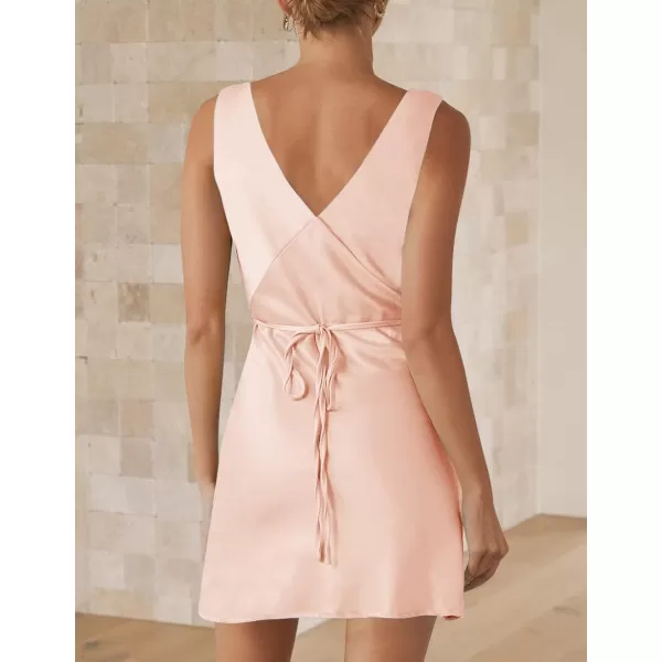 imageZESICA Womens 2024 Summer Satin V Neck Sleeveless Backless Tie Waist Silky Cocktail Club Party Mini DressPink