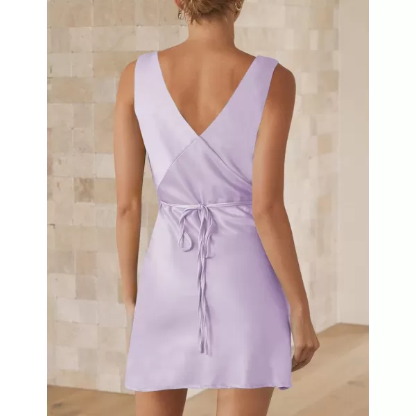 imageZESICA Womens 2024 Summer Satin V Neck Sleeveless Backless Tie Waist Silky Cocktail Club Party Mini DressPurple