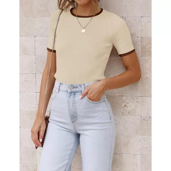 imageZESICA Womens 2024 Summer Short Sleeve Crewneck T Shirt Ribbed Knit Slim Fit Color Block Basic Tees TopsApricot