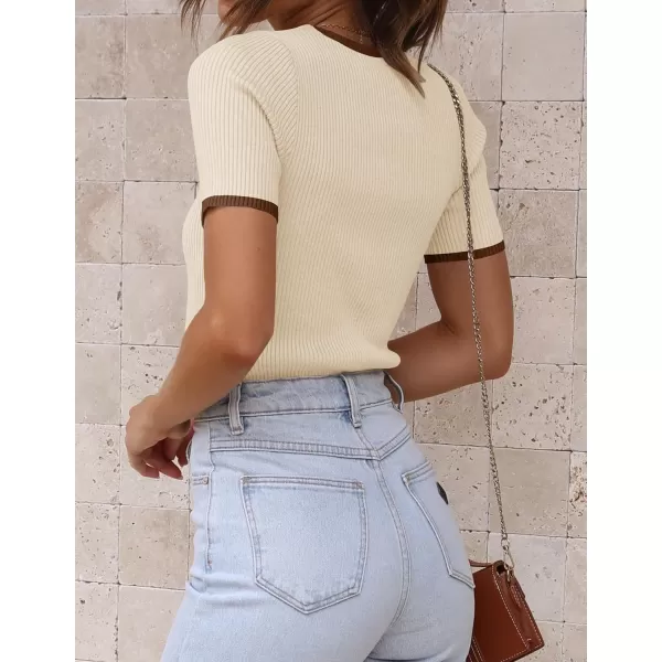 imageZESICA Womens 2024 Summer Short Sleeve Crewneck T Shirt Ribbed Knit Slim Fit Color Block Basic Tees TopsApricot