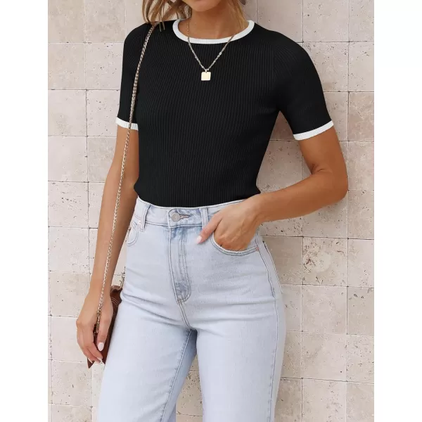imageZESICA Womens 2024 Summer Short Sleeve Crewneck T Shirt Ribbed Knit Slim Fit Color Block Basic Tees TopsBlack