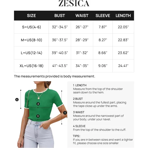imageZESICA Womens 2024 Summer Short Sleeve Crewneck T Shirt Ribbed Knit Slim Fit Color Block Basic Tees TopsGreen