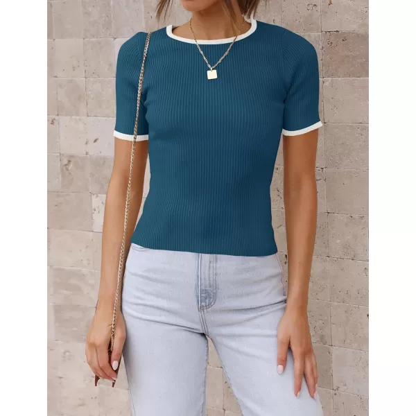 imageZESICA Womens 2024 Summer Short Sleeve Crewneck T Shirt Ribbed Knit Slim Fit Color Block Basic Tees TopsNavy