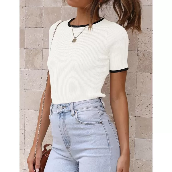 imageZESICA Womens 2024 Summer Short Sleeve Crewneck T Shirt Ribbed Knit Slim Fit Color Block Basic Tees TopsWhite