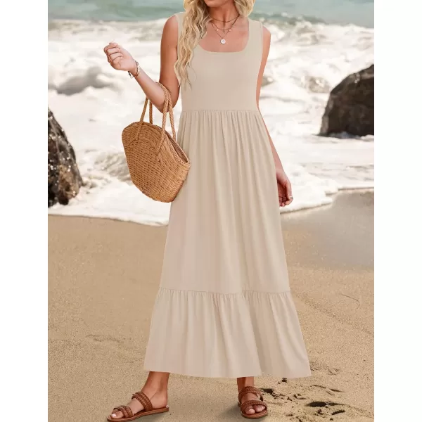 imageZESICA Womens 2024 Summer Sleeveless Dress Square Neck Pleated Tiered Swing Casual Maxi Dresses with PocketsApricot
