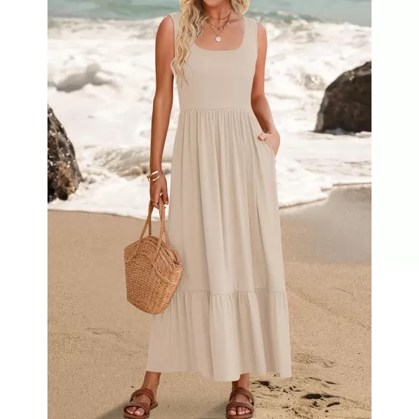 imageZESICA Womens 2024 Summer Sleeveless Dress Square Neck Pleated Tiered Swing Casual Maxi Dresses with PocketsApricot