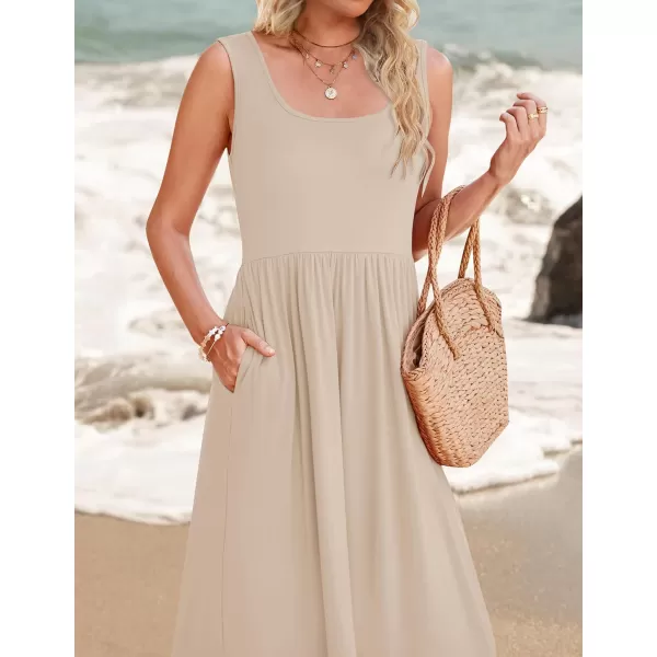 imageZESICA Womens 2024 Summer Sleeveless Dress Square Neck Pleated Tiered Swing Casual Maxi Dresses with PocketsApricot