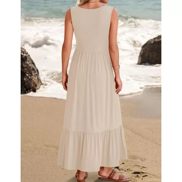 imageZESICA Womens 2024 Summer Sleeveless Dress Square Neck Pleated Tiered Swing Casual Maxi Dresses with PocketsApricot