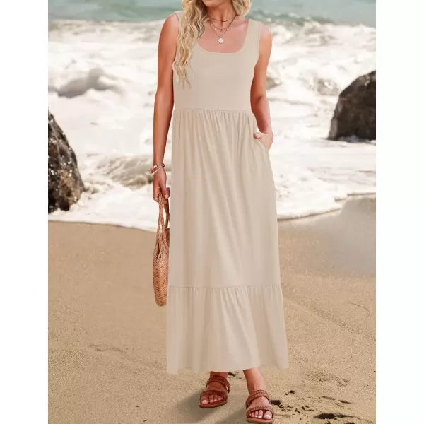 imageZESICA Womens 2024 Summer Sleeveless Dress Square Neck Pleated Tiered Swing Casual Maxi Dresses with PocketsApricot