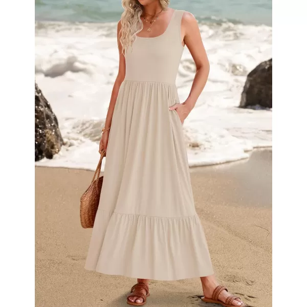 imageZESICA Womens 2024 Summer Sleeveless Dress Square Neck Pleated Tiered Swing Casual Maxi Dresses with PocketsApricot