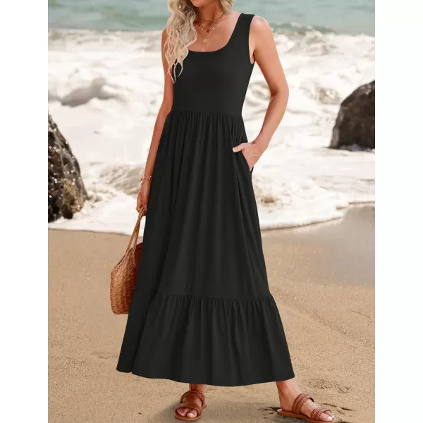 imageZESICA Womens 2024 Summer Sleeveless Dress Square Neck Pleated Tiered Swing Casual Maxi Dresses with PocketsBlack