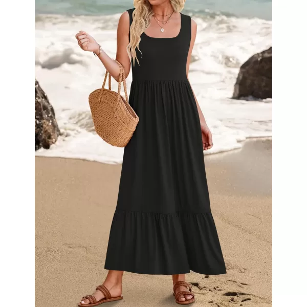 imageZESICA Womens 2024 Summer Sleeveless Dress Square Neck Pleated Tiered Swing Casual Maxi Dresses with PocketsBlack