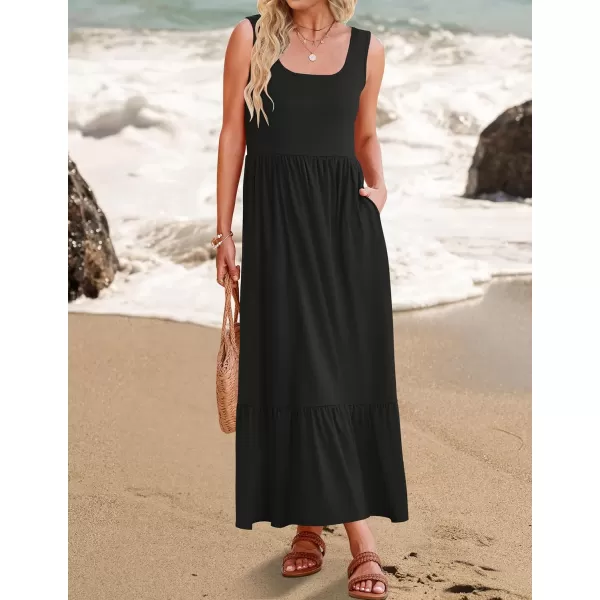 imageZESICA Womens 2024 Summer Sleeveless Dress Square Neck Pleated Tiered Swing Casual Maxi Dresses with PocketsBlack