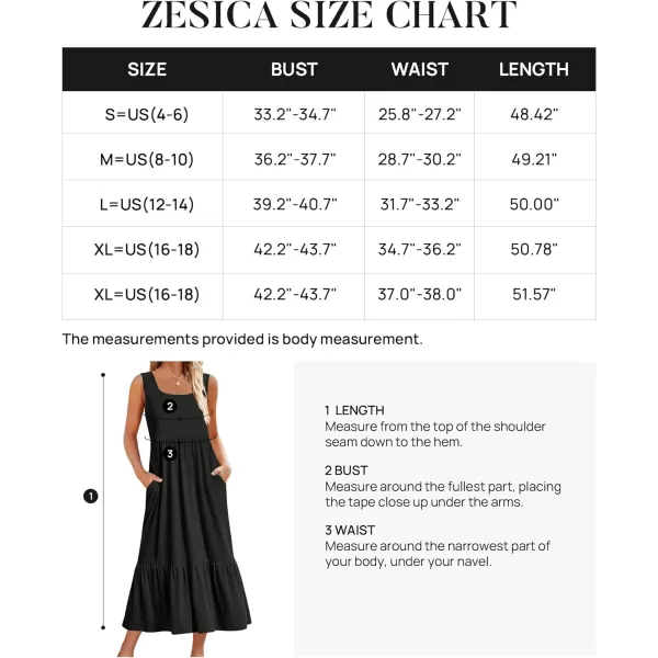 imageZESICA Womens 2024 Summer Sleeveless Dress Square Neck Pleated Tiered Swing Casual Maxi Dresses with PocketsBlack