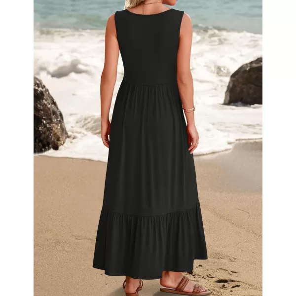 imageZESICA Womens 2024 Summer Sleeveless Dress Square Neck Pleated Tiered Swing Casual Maxi Dresses with PocketsBlack
