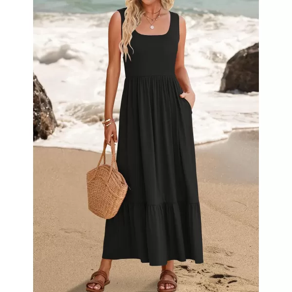 imageZESICA Womens 2024 Summer Sleeveless Dress Square Neck Pleated Tiered Swing Casual Maxi Dresses with PocketsBlack