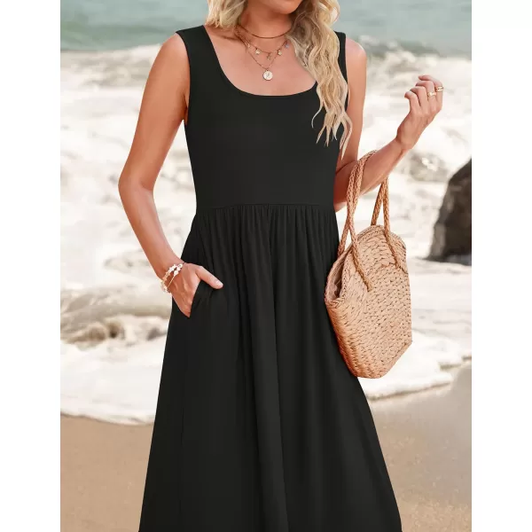 imageZESICA Womens 2024 Summer Sleeveless Dress Square Neck Pleated Tiered Swing Casual Maxi Dresses with PocketsBlack