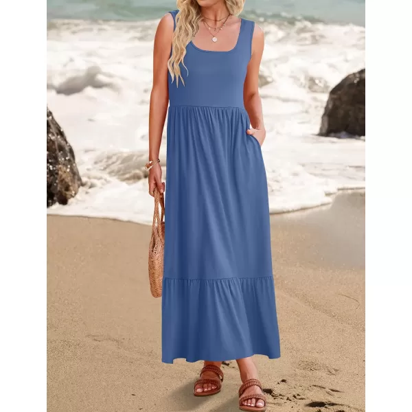 imageZESICA Womens 2024 Summer Sleeveless Dress Square Neck Pleated Tiered Swing Casual Maxi Dresses with PocketsDustyblue