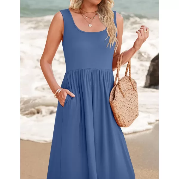 imageZESICA Womens 2024 Summer Sleeveless Dress Square Neck Pleated Tiered Swing Casual Maxi Dresses with PocketsDustyblue