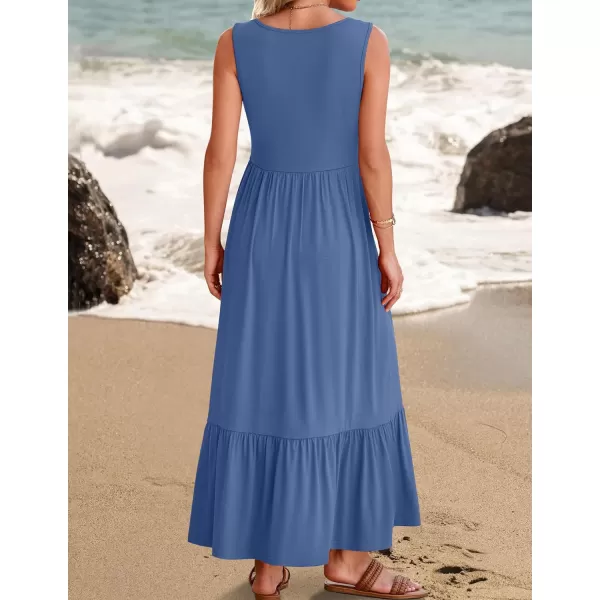 imageZESICA Womens 2024 Summer Sleeveless Dress Square Neck Pleated Tiered Swing Casual Maxi Dresses with PocketsDustyblue