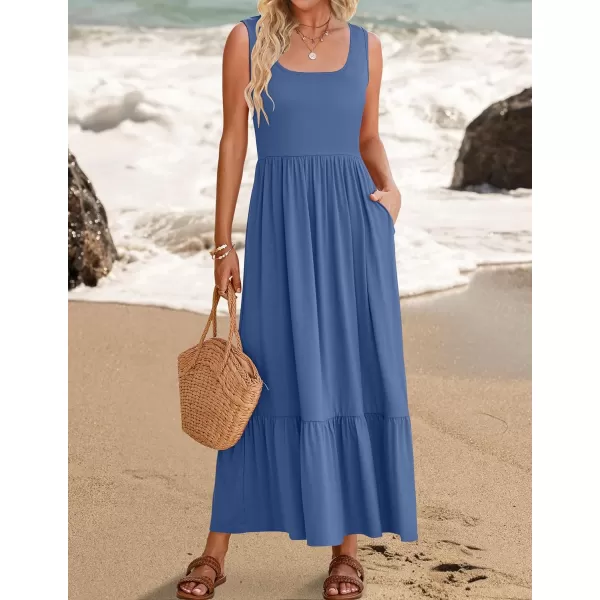 imageZESICA Womens 2024 Summer Sleeveless Dress Square Neck Pleated Tiered Swing Casual Maxi Dresses with PocketsDustyblue