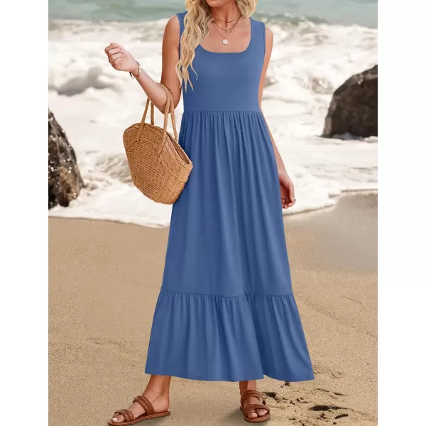 imageZESICA Womens 2024 Summer Sleeveless Dress Square Neck Pleated Tiered Swing Casual Maxi Dresses with PocketsDustyblue