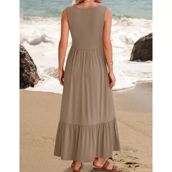 imageZESICA Womens 2024 Summer Sleeveless Dress Square Neck Pleated Tiered Swing Casual Maxi Dresses with PocketsKhaki