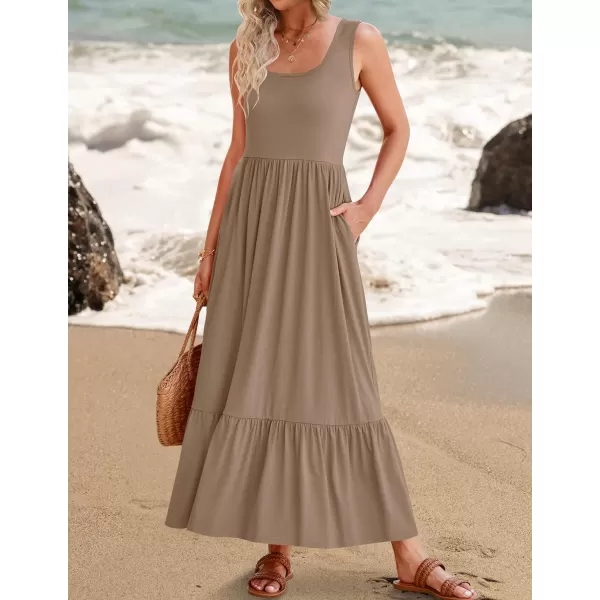 imageZESICA Womens 2024 Summer Sleeveless Dress Square Neck Pleated Tiered Swing Casual Maxi Dresses with PocketsKhaki