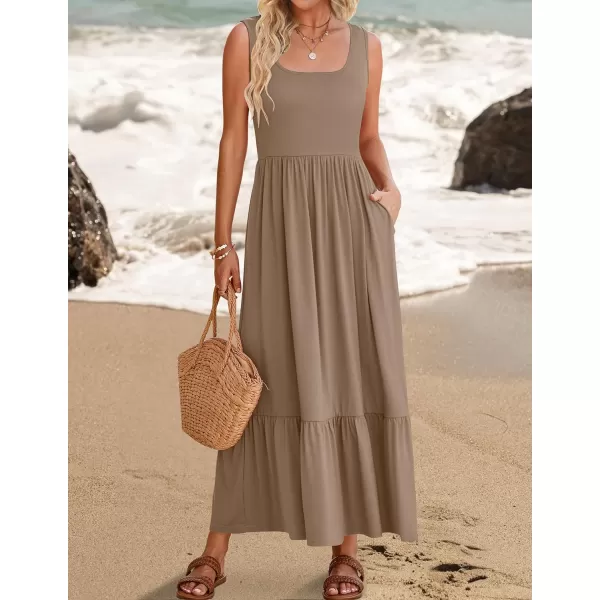 imageZESICA Womens 2024 Summer Sleeveless Dress Square Neck Pleated Tiered Swing Casual Maxi Dresses with PocketsKhaki