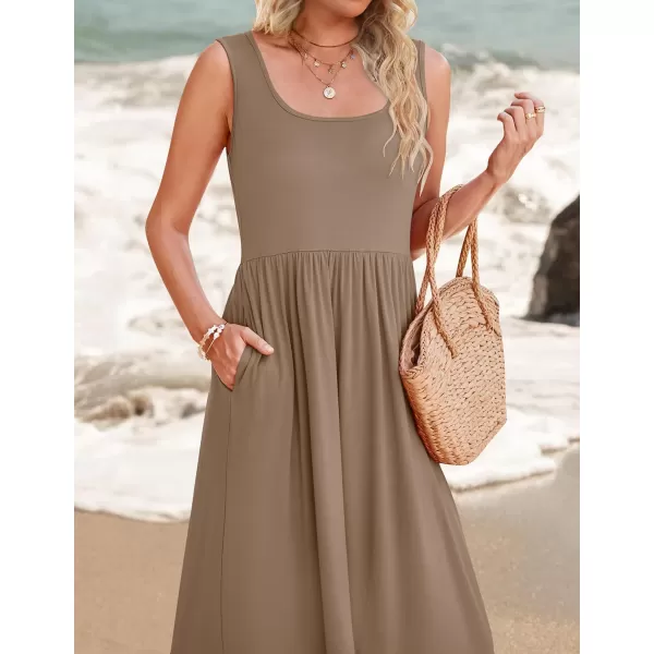 imageZESICA Womens 2024 Summer Sleeveless Dress Square Neck Pleated Tiered Swing Casual Maxi Dresses with PocketsKhaki